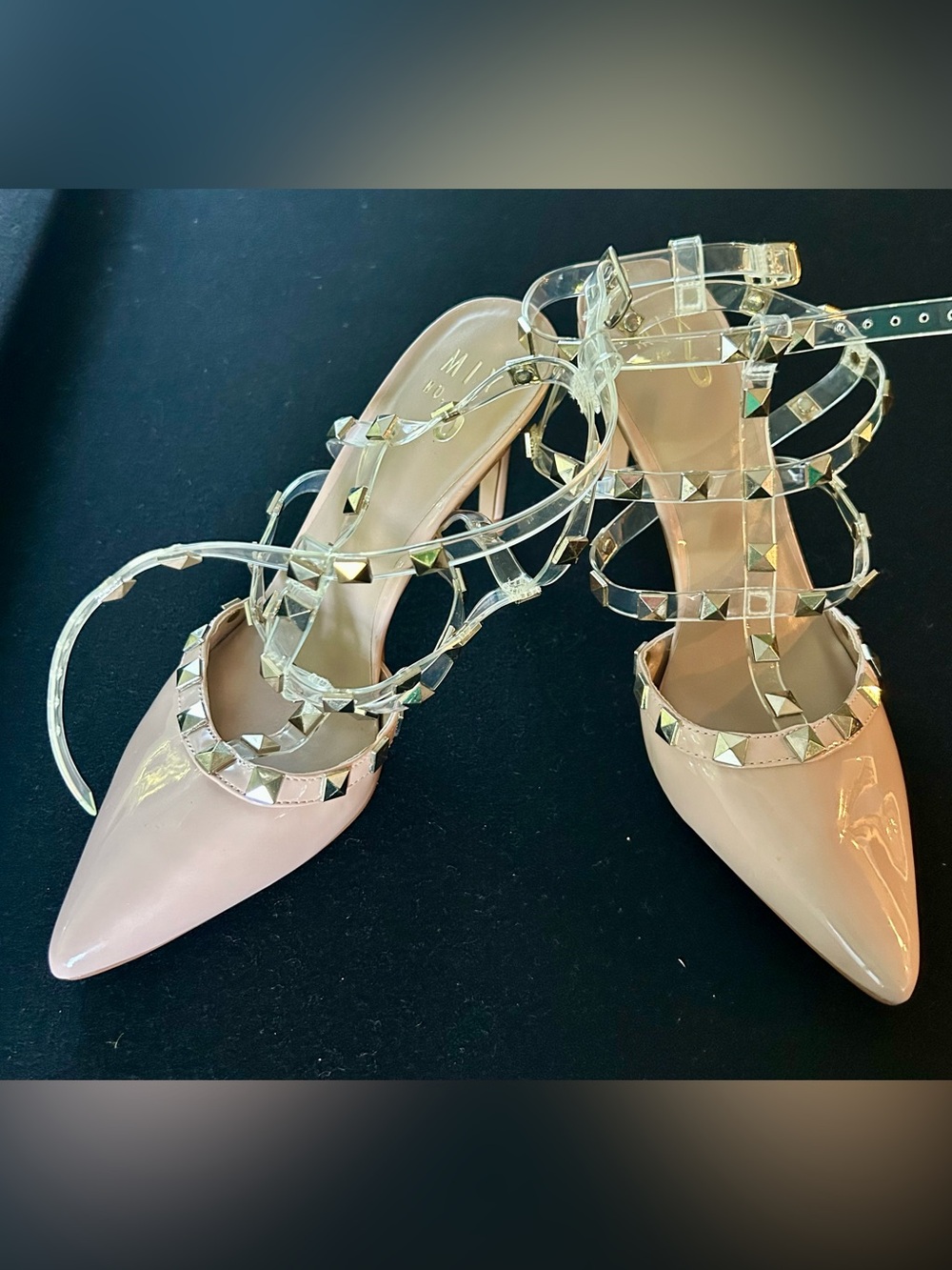 Mix No. 6 Pointed Toe Studded Ankle-Strap Pumps in beige size 8